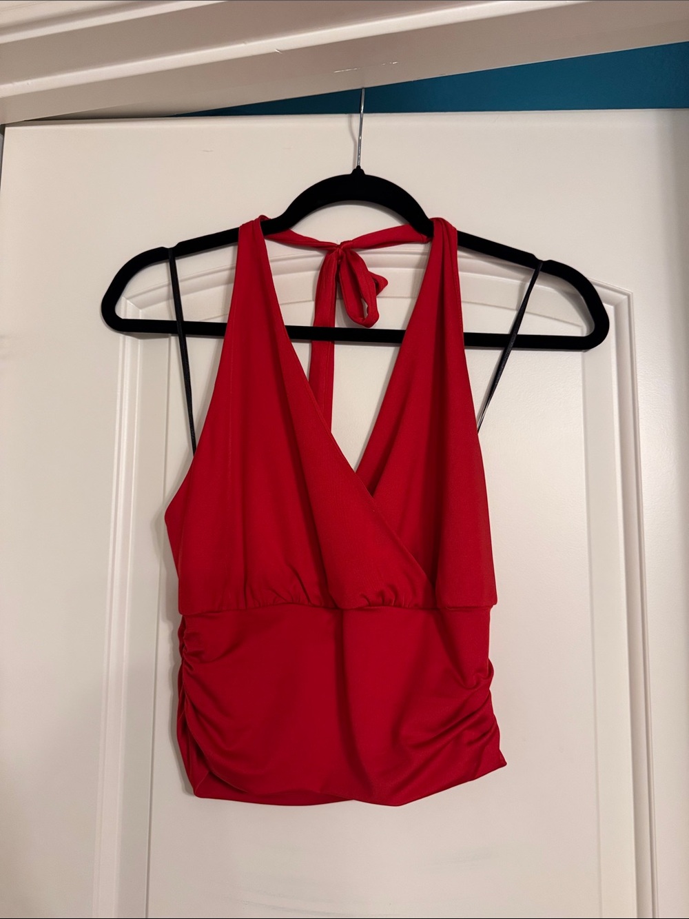 Red Halter V-Neck Ruched Tank